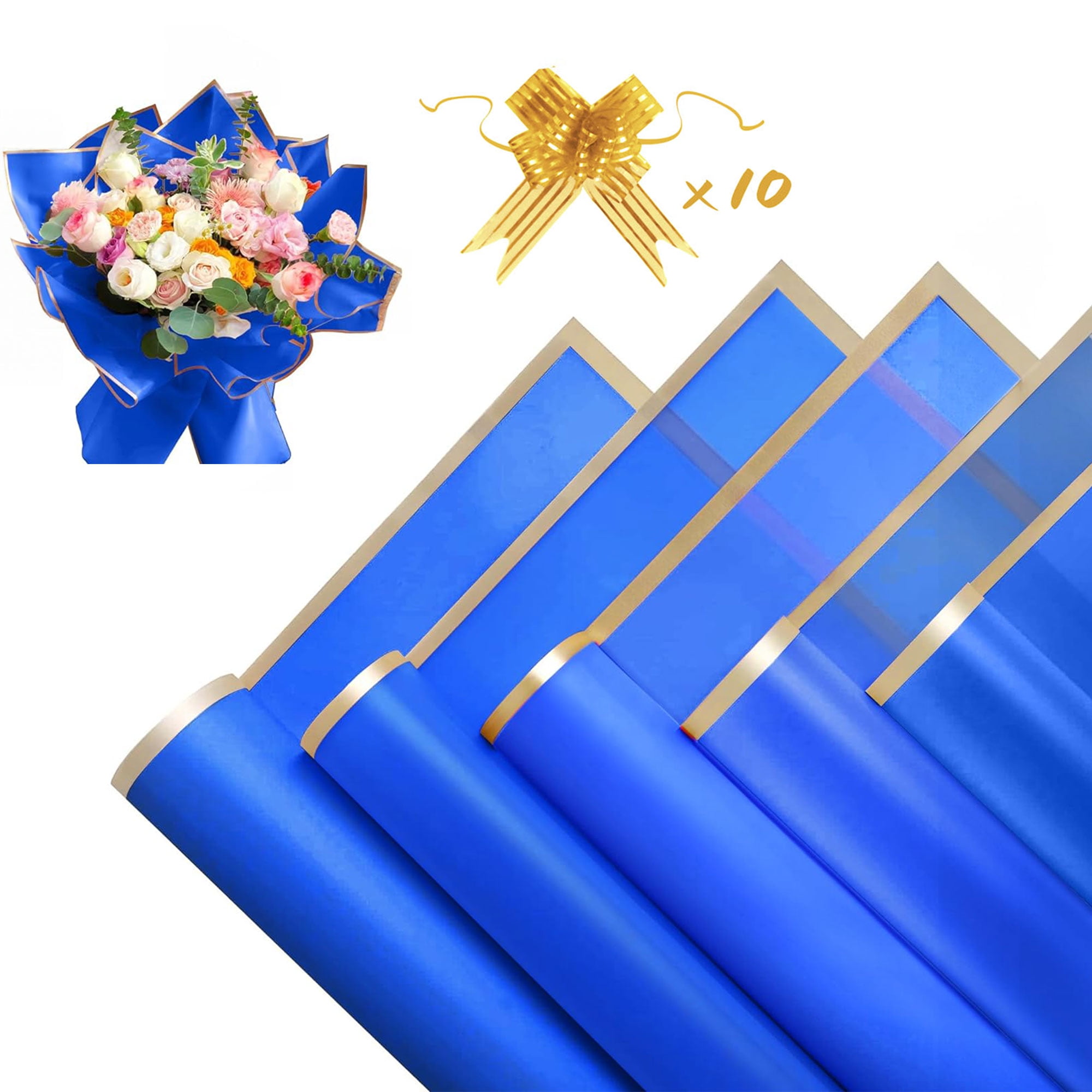 Tickjoy 20 Sheets Blue Flower Wrapping Paper with 10 Ribbons, 22.8''x22.8'' Flower Bouquet Wrapping Paper for Stunning Flower Bouquets Perfect for Gift Wrapping, DIY Crafts, and Special Occasions